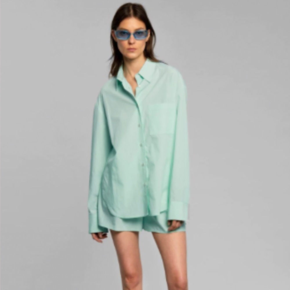 The Frankie Shop Lui Organic Cotton Button Up Shirt in size XS, color Menthe